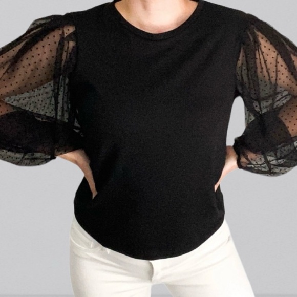 Zara Knit Sheer Polka Dot Balloon Sleeve Top SZ L Black Boho Hipster Whimsygoth - Picture 2 of 8